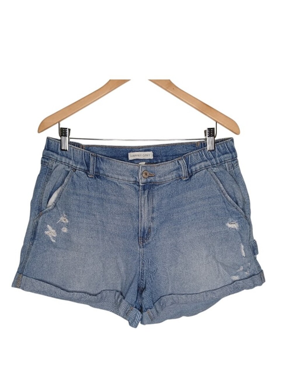 Happily Grey  Light Blue Distressed Denim Roll-Cuff Shorts